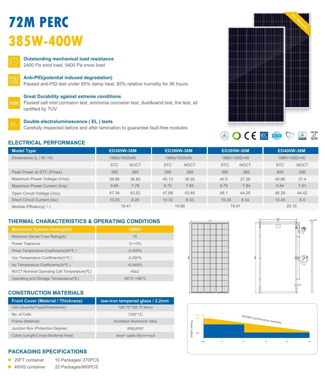 385W-400W Topcon cell solar panels Factory Directly Supply